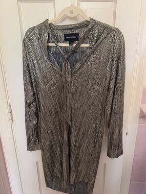Anthropologie Metallic Silver Long-Sleeve Tie-Neck Dress